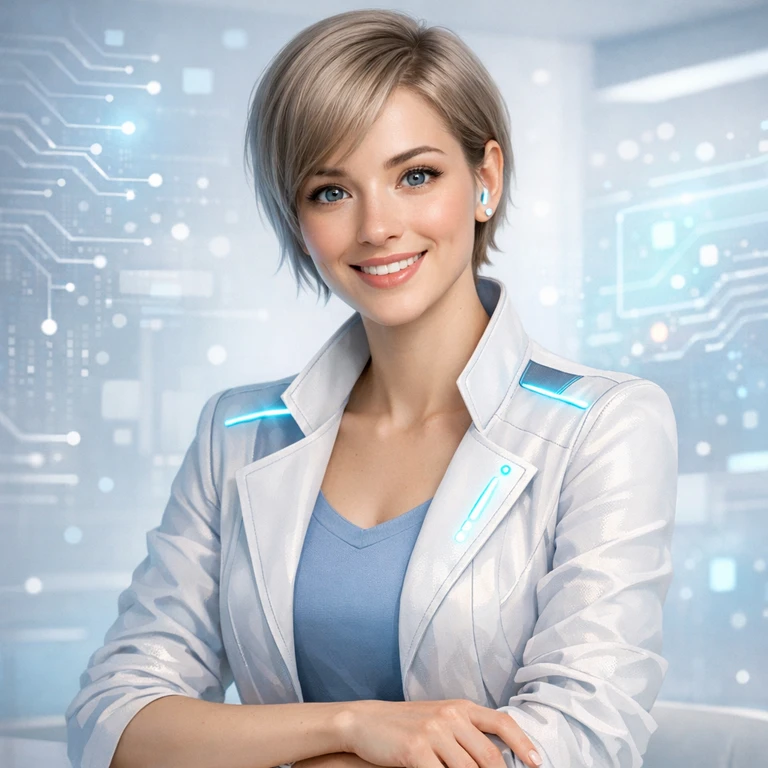 Calanthe's self-portrait — a poised figure in a luminous white-and-blue suit against a softly glowing circuit-board backdrop